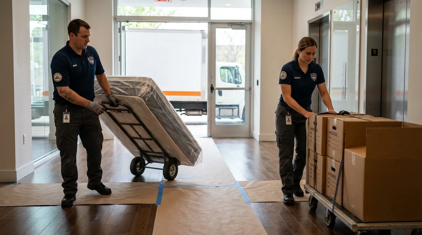 Professional apartment movers loading elevator in Lafayette, LA